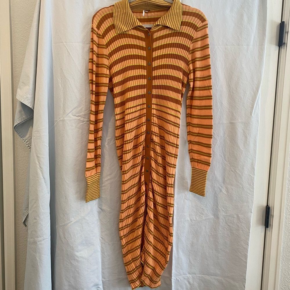 Free People Striped Orange and Yellow Button-Up Dress